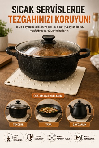 2'li Set Krem Silikon Nihale 16x16 Cm Çok Amaçlı Tencere Tava Altlığı Fırın Tepsi Tutacağı Kavanoz Açacağı Ev