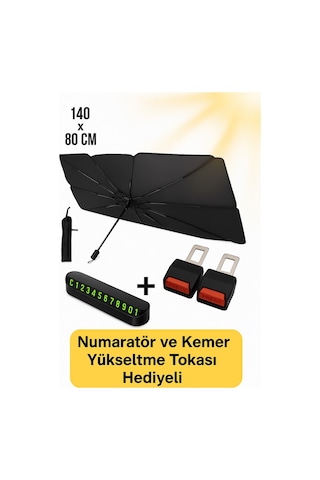 Oto Güneşlik Her Araca Uyumlu Universal Araba Güneş Gölge Koruyucu Şemsiye Oto Ön Cam Güneşlik - Fosforlu Numaratör Ve Kemer Tokası