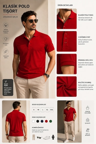 Luxic Core Erkek Polo Yaka Kırmızı Tişört Likralı Pike Kumaş Terletmez Slim Fit Günlük Şık Tasarım