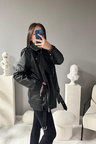 Prifaldi Uzun Oversize Kadın Siyah Deri Ceket