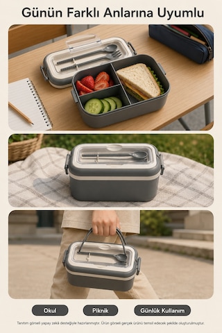 Antrasit 3 Bölmeli Çocuk Beslenme Kutusu Kaşık Çatal Dahil Kilitli Kapaklı Taşıma Saplı Lunch Box