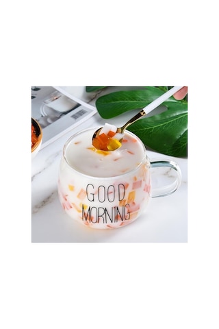 2 Li Good Morning Günaydın 400 Ml Borosilikat Cam Kupa Kahve