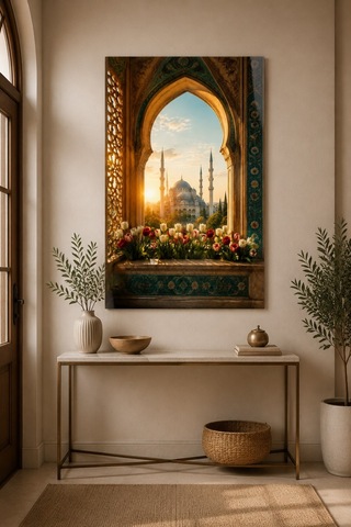Osmanlı Cami Penceresi Baskılı Cam Tablo Manevi Mimari Duvar Dekoru