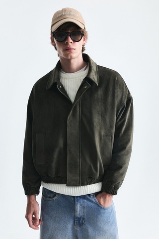 Vamos Oversize Polo Yaka Suni Süet Mont Haki