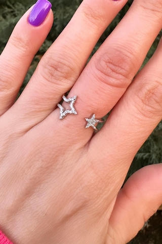 Çift Yıldız Ayarlanabilir Gümüş Renk Yüzük - Zirkontaşlı Silver