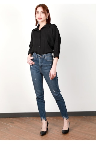 Giysa Kadın Yüksek Bel Lyc Lazer Kesim Skinny Jean Koyu Mavi