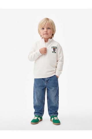 Koton Ayıcık Detaylı Yarım Fermuarlı Uzun Kollu Dik Yaka Oversize Sweatshirt Ekru 7wmb10066tk