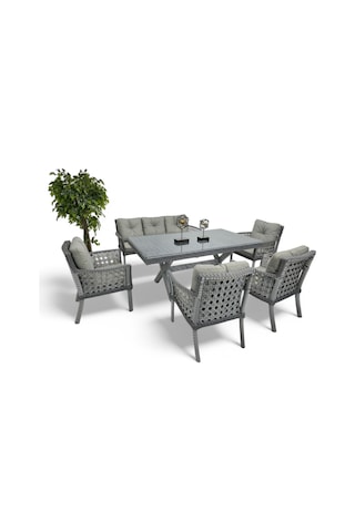 Wellagarden Side Rattan Bahçe Masa Takımı, 7 Kişilik Gri Gri