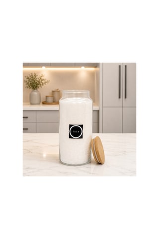 Ahşap Vakum Kapaklı Cam Saklama Kavanozu 1400 Ml Tuz Etiketi Hediyeli Çok Renkli