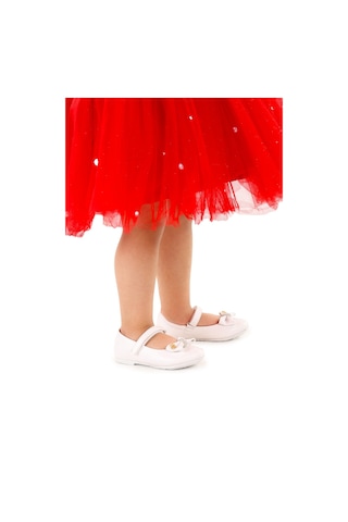 Kiko Kids Cırtlı Fiyonklu Kız Çocuk Babet Ayakkabı Ege 201 Cilt Beyaz
