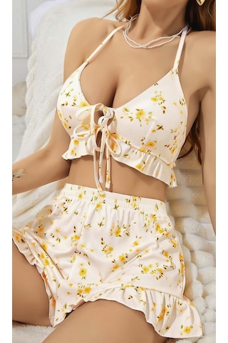 Kadın Çiçekli Ekru Askılı Şortlu Pijama Takım 5017 Ekru