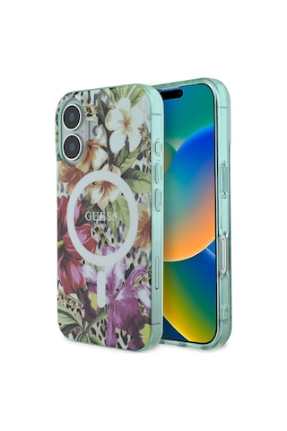 Apple Uyumlu iPhone 16 Kılıf Guess Lisanslı Magsafe Şarj Özellikli Iml Baskılı Jungle Ring Yeşil