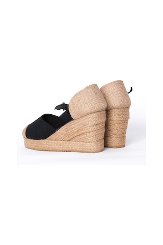 Star Tombis Gerçek Elişi Burnu Hasır Platformlu Dolgu Topuk Siyah Keten Hasır Espadril Handmade Siyah