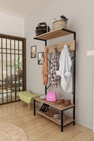 Vesta Serisi Ayakkabılık Ve Portmanto & Askılık Ceviz Renkli Raflı Beyaz