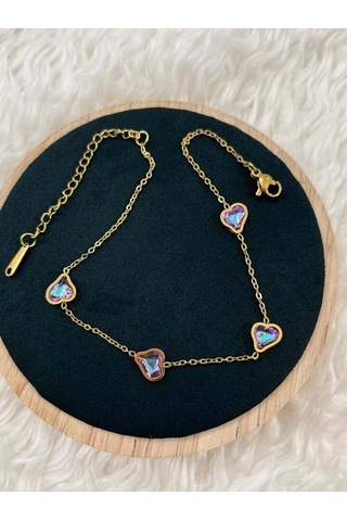 Premium Gold Renk 316l Çelik Renkli Taşlı Kalp Detaylı Şık Ve Parlak Halhal 25cm Altın