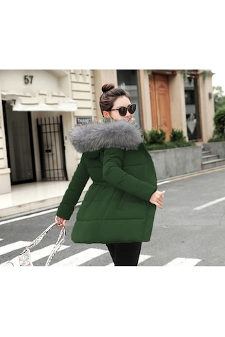 Kışlık Kapüşonlu Orta Boy Kadın Şişme Mont Haki