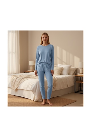 Feg Store %100 Pamuk Bebek Mavisi Yumuşak Dokulu Uzun Kollu Kadın Pijama Takımı Mavi