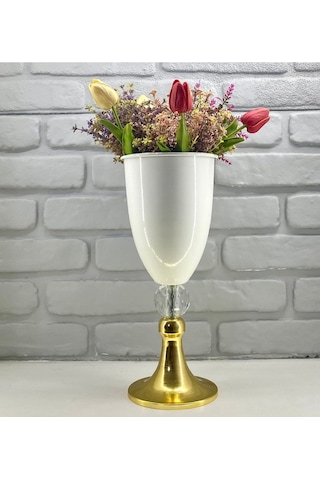 Modern Dekoratif Gold Yüksek Ayaklı Kristal Taşlı Beyaz Vazo Altın - Beyaz
