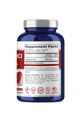 L-arginine 1000 Mg 200 Veggie Capsules Non-gmo, Vegetarian, Vegan