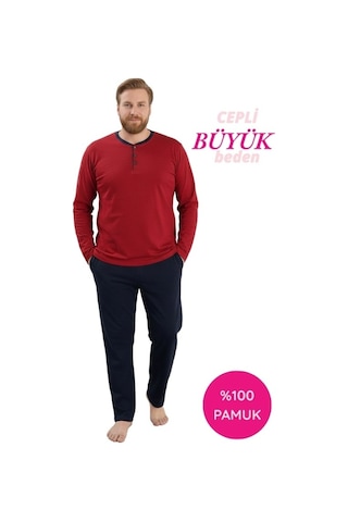 Seamlife Erkek Büyük Beden Bisiklet Yaka 3 Düğmeli Mevsimlik Uzun Kollu Pijama Takımı Kırmızı