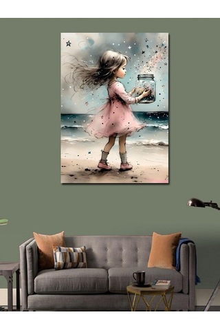 Kanvas Tablo Yıldızlar Ve Sahilde Sevimli Küçük Kız 50cmx70cm