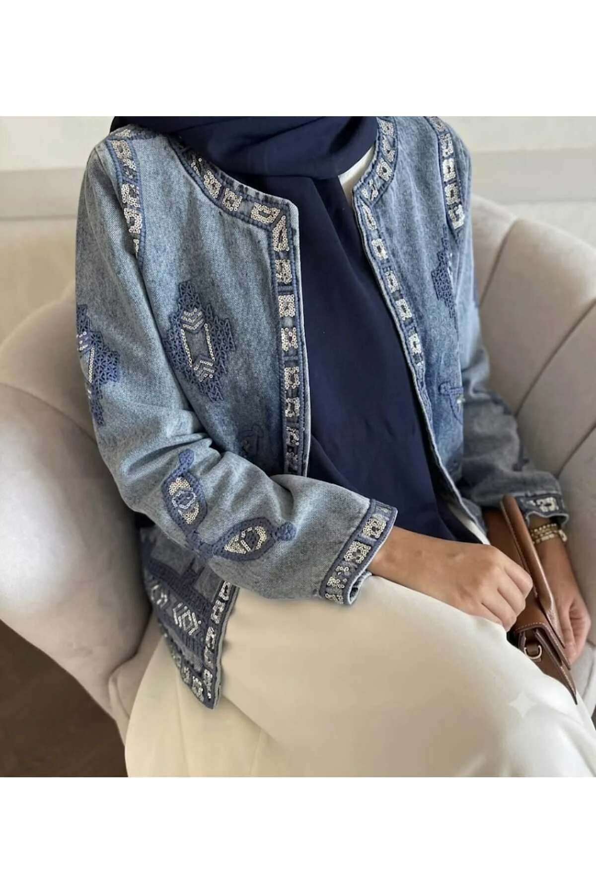 Yussewear Yw Nakış Detaylı Kadın Tasarım Denim Ceket Açık Mavi