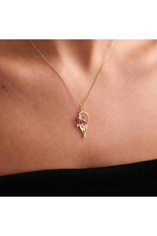 Sevimli Altın Kedi Kolye Ruby T12949