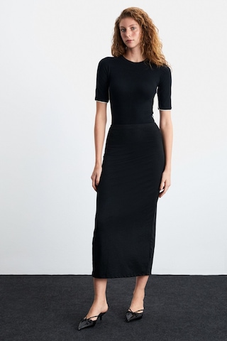 Grımelange Emıl Kadın Arkadan Yırtmaçlı Maxi Boy Şık Siyah Etek Siyah