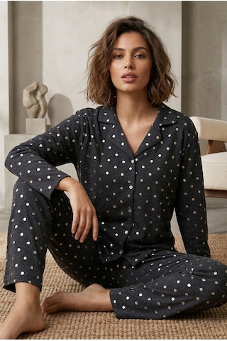 Siyah İnci Düğmeli Örme Pijama Takım 7793 Antrasit Puan