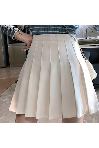 Siyah Yaz Kadın Etek Tarzı Pileli Etek Şık Öğrenci Yüksek Bel A-line Etek Kadın Siyah