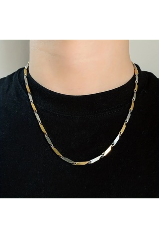 Çelik Kolye Titanyum Melon Düz Model 3 Mm Kalınlık 55 Cm Uzunluk Altın Sarısı Gümüş Altın - Gümüş