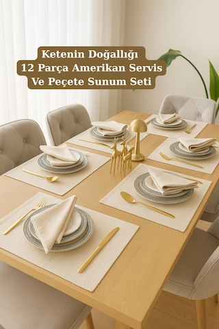 Lınen 12 Adet Organik Ham Yıkanmış Keten Amerikan Servis Ve Servis Peçetesi Sofra Sunum Takımı Bej