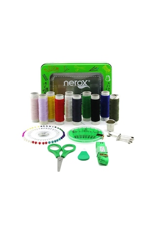 Nerox Nrx-0749 Metal Kutu Dikiş Seti İplik, Mezura, Tekstil Makası, İğne, Yüzük - 6'li Paket