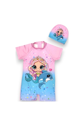 Kız Çocuk Gizli Sırt Fermuarlı Deniz Kızı Yunus Karakter Baskı Desenli Dalgıç Kumaş Boneli Hipster Mayo Takımı Yunus Çok Renkli