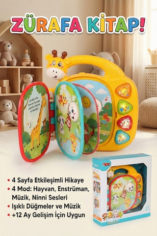 Renkli Zürafa Figürlü İnteraktif Bebek Aktivite Kitabı - Aydınlatmalı Melodi Çalan, Ses Çıkaran Öğretici Yenidoğan Aksesuarı 12 Ay+