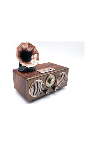 Gramofon Görünümlü Şarjlı Ahşap Bluetooth Speaker Nostaljik Hoparlör Fm Radyo