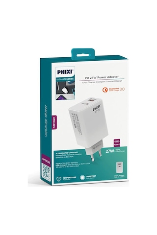 Phixi Ultimate UPD4225 27W PD Çift Çıkışlı Hızlı Şarj Adaptörü