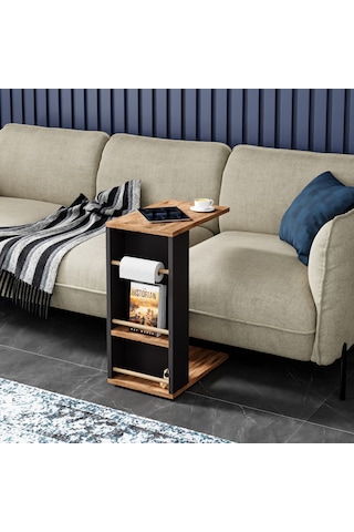 İntergo Tekerlekli Yan Sehpa Rulo Havlu Takılabilir Koltuk Sehpası C Sehpa Zigon Sehpa Atlantik Çam - Antrasit