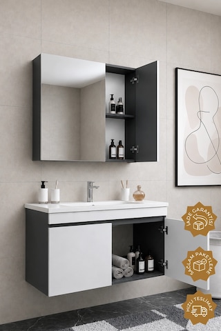 Teta Home Tokyo 100 Cm Mdf Banyo Dolabı Seti Antrasit - Beyaz
