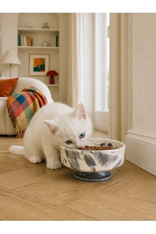 Mama Kabı Kedi Ve Köpek 1 Adet Doğal Mama Veya Su Kabı Gri Marble