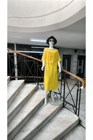 İtalyan Saçak Detaylı Müslin Keteni Yırtmaçlı Elbise - Bluz & 2'li Takım-9905 Sarı