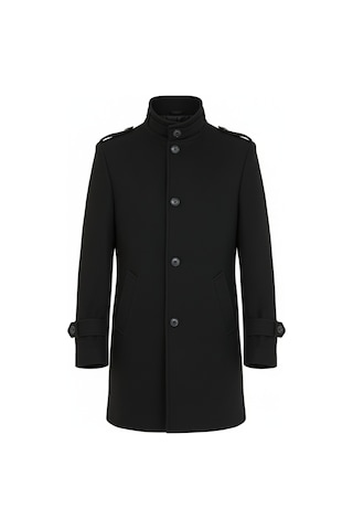 Erkek Siyah Dar Kesim Dik Yaka Uzun Kaşe Kaban-Siyah