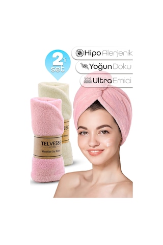 2li Set Mikrofiber Saç Havlusu Plaj Deniz Havuz Bonesi Banyo Saç Kurutma Baş Havlusu Krem-pembe Krem