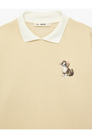 Koton Rahat Kalıp Kedi Nakışlı Uzun Kollu Polo Yaka Sweatshirt Bej 6sal10426ık Ekru
