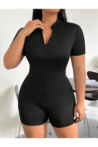 Munn Collection Kadın Kısa Kollu Önü Fermuarlı Bodycon Dalgıç Tulum Siyah