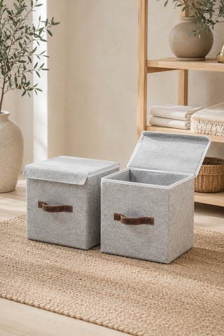 2'li Gri Keçe Kapaklı Küp Kutu Seti 25 X 25 X 25 Cm Deri Kulplu, Katlanabilir, Düzenleyici Kutu