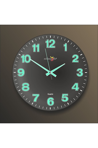 Siyah Zeminli Bombe Camlı Gece Parlayan Fosforlu 35Cm Duvar Saati Siyah