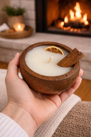 Tarçın Ve Portakal Aromalı Kokulu Otantik Kase Mum Soya Mum Hediyelik Açık Ahşap