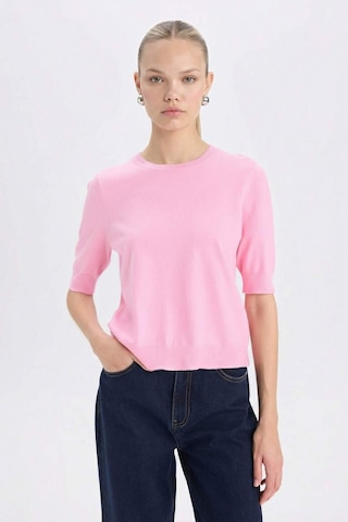 DeFacto Regular Fit Bisiklet Yaka Basic Düz Kısa Kollu Triko Kazak D6272AX25SMPN82 Pembe