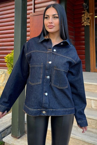 Lacivert Denim Color, Apaş Yaka, Çift Cepli, Kaliteli Jeans Kumaş, Salaş Kot Ceket Lacivert